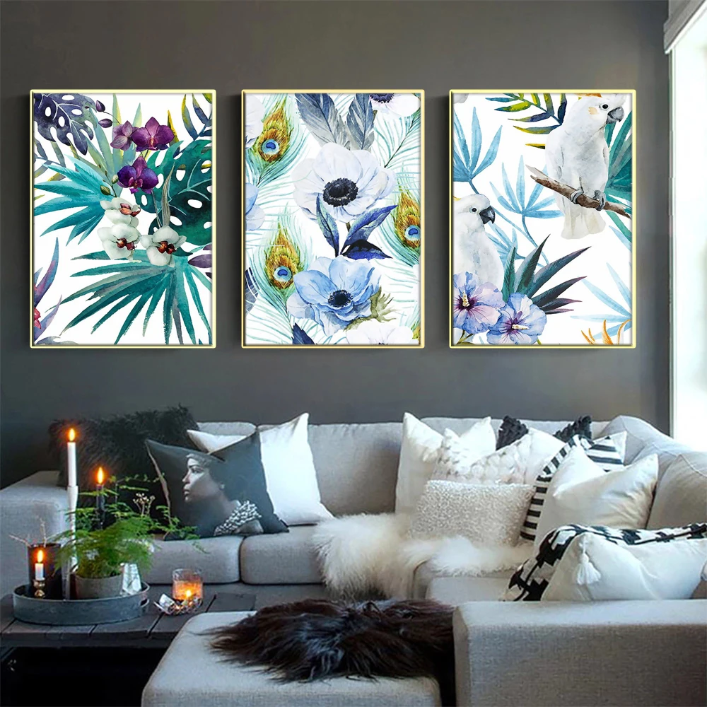 

Nordic wall art watercolor parrot and slanted flower leaf canvas painting poster print landscape for home decoration print