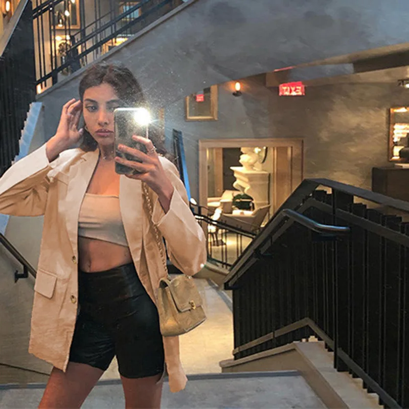 Spring Autumn Blazers Women Fashion Solid Color Suit Personality Single-breasted Loose Long Sleeve Blazer Suits Coat Outerwear