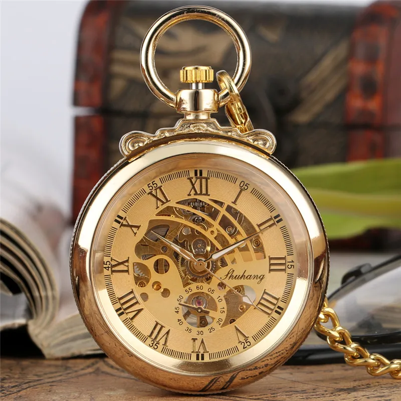 

Antique Gold Men Women Hand-Wind Mechanical Pocket Watch Open Face Luminous Hands Roman Number Dial Pendant Chain Clock Gift