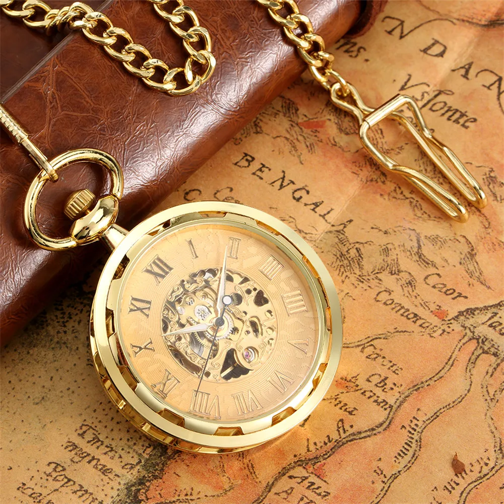Classic Roman Numerals Gold Mechanical Pocket Watch Hand Winding Pendant Clock Transparent Open Face Pocket Retro Timepiece Male