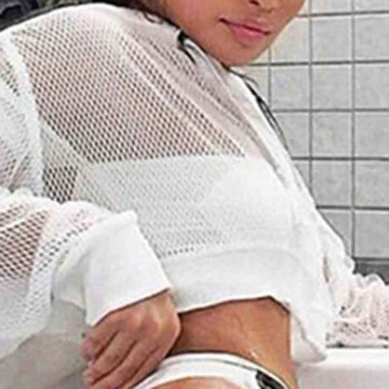 Женская Сетчатая футболка с длинным рукавом прозрачная короткая черная или