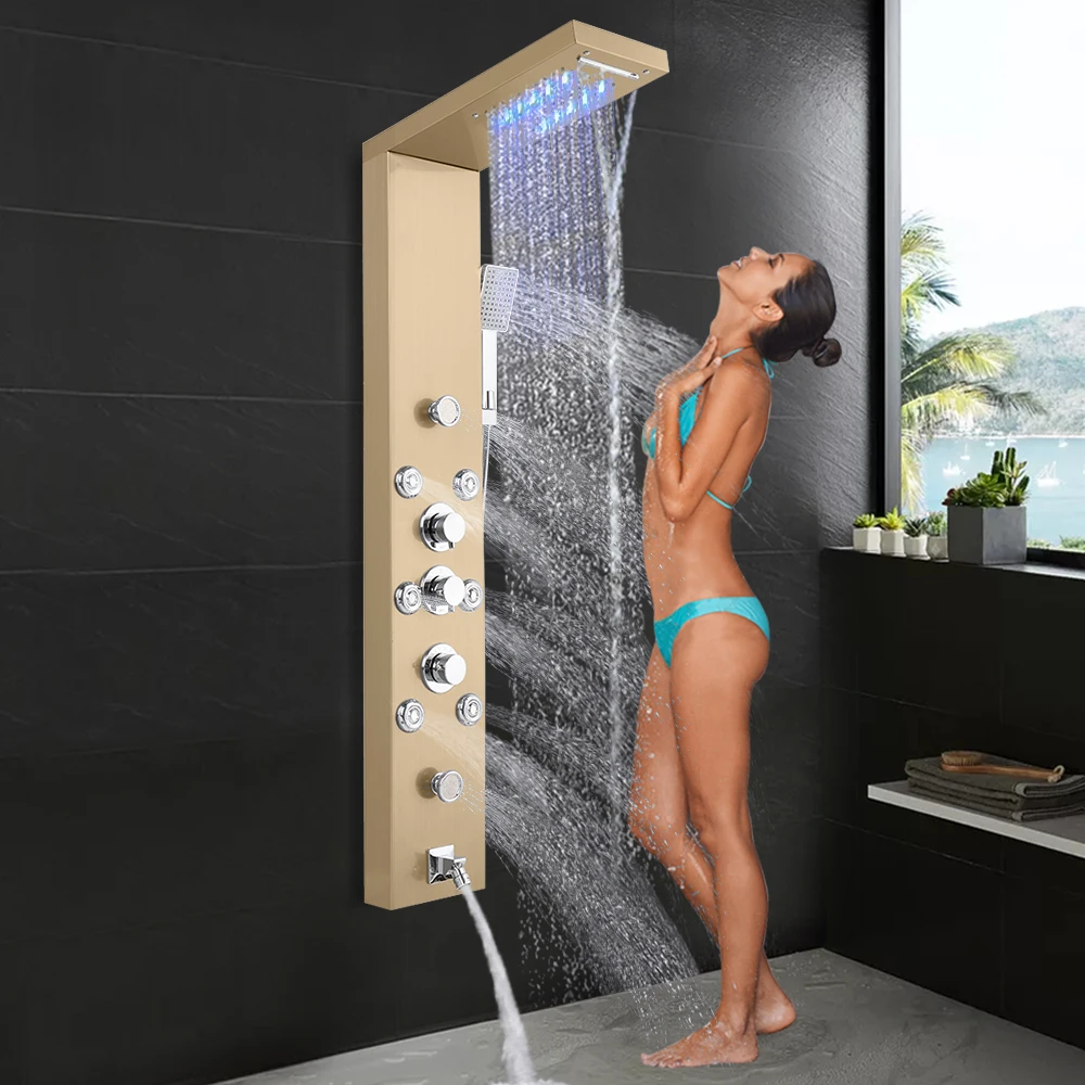 

123CM LED Shower Panel Tower System Wall Mounted Anti-Rust 6-in-1 Multi-Function Shower Faucet Golden/Silver/Black[US-Stock]