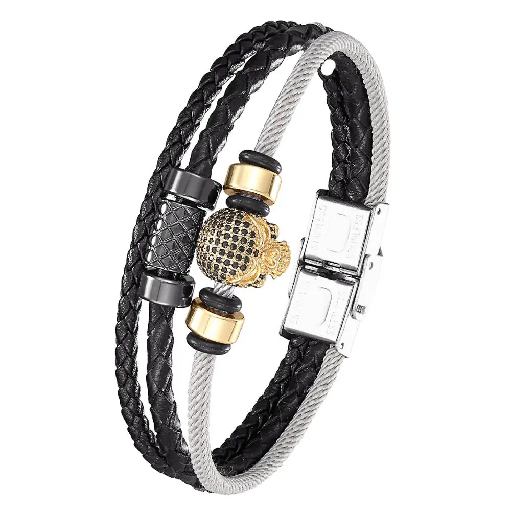 

Men's Fashion Genuine Leather Bracelet CZ Skull Multilayer Woven Rope Bracelet for Men and Women