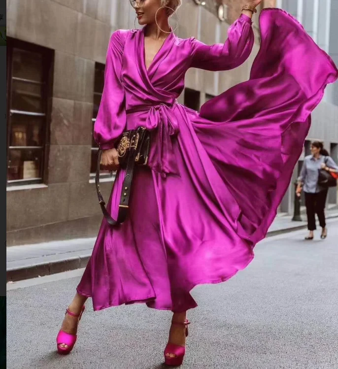 

Top Quality Fashion Long Dress Red 2 Colors Elegant Lantern Sleeve V-Neck Women Evening Party Dress