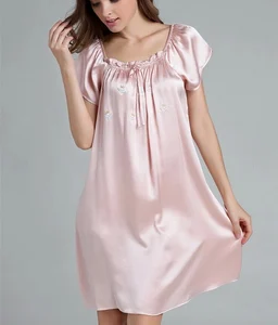Женская ночная рубашка из 100% чистого шелка с круглым вырезом и вышивкой, ночная рубашка YM012