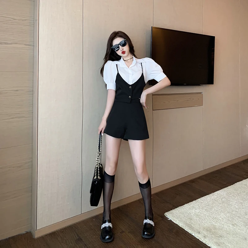

Summer Women 2021 Streetwear Puff Sleeve Fake 2pcs Patchwork Shirt Tops And Wide Leg Shorts Suit Two Piece Set