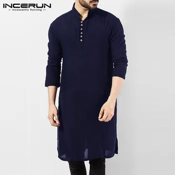 INCERUN Men Casual Shirt Cotton Long Sleeve Stand Collar Vintage Solid Stitched Long Tops Indian Clothes Pakistani Shirt S-5XL 1