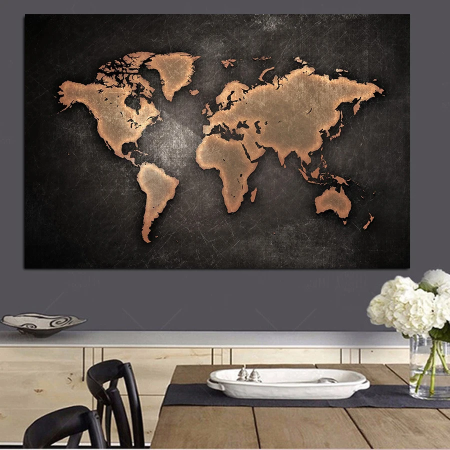 Муту Холст Картина абстрактная 3D Карта мира классическая черная карта Печать на