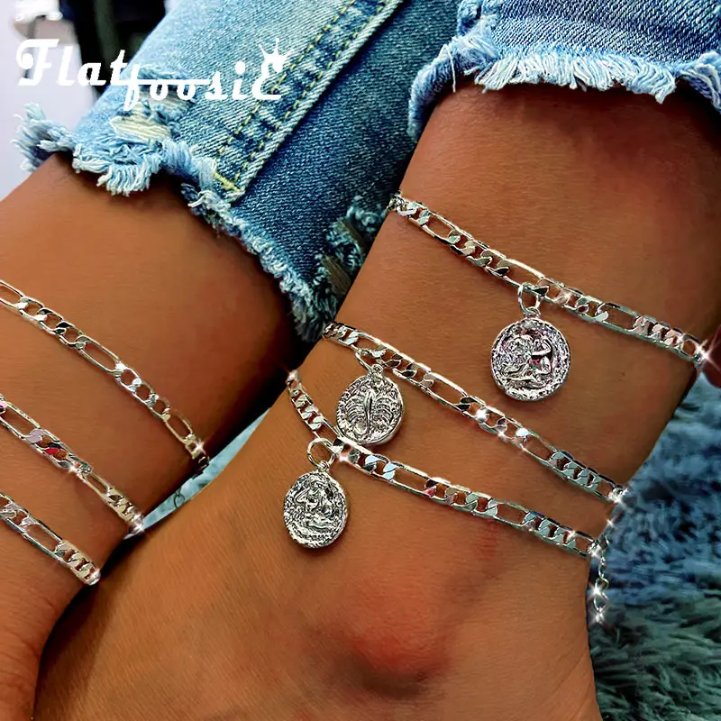 

Flatfoosie 2Pcs/Set Vintage 12 Constellations Anklets For Women Silver Color Metal Coin Anklet Boho Summer Beach Foot Jewelry