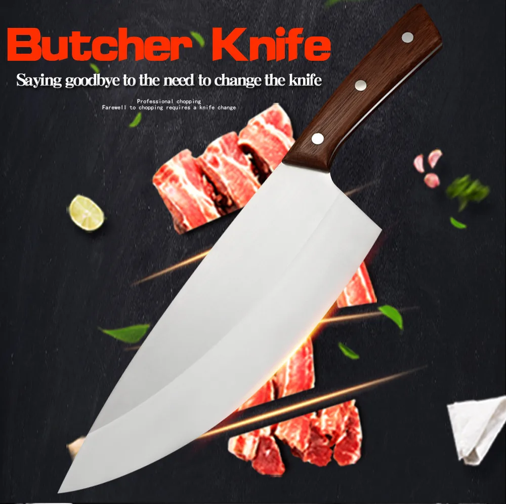 

Stainless Steel 9.5'' INCH Slaughter Cleaver Butcher Knife Meat Fish Wood Handle Meat Chopper Cutter Cooking Accessory Tools