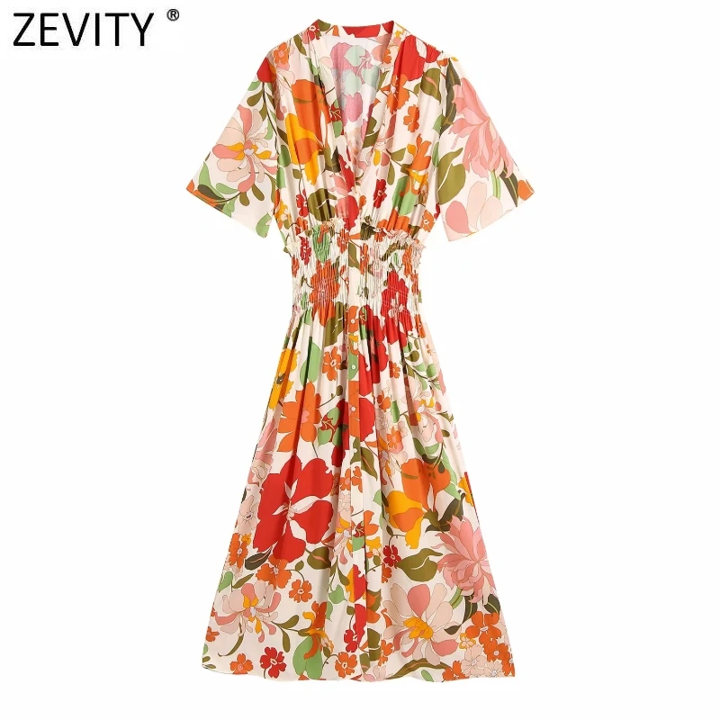 

Zevity Women Vintage V Neck Tropical Floral Print Slim Kimono Midi Dress Chic Female Elastic Waist Ruffles Casual Vestido DS8667