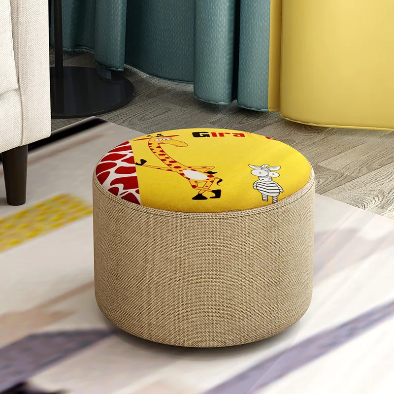 

Home Entrance Multifunctional Living Room Sofa Stool Shoe Changing Stool Solid Wood Coffee Table Stool Fabric Round Stool