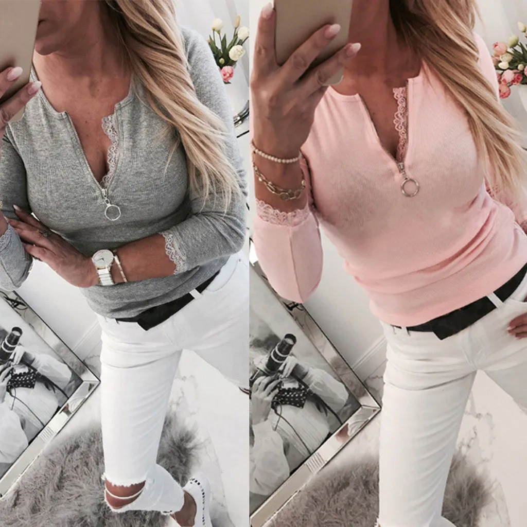 

FREE OSTRICH Sweater Women Sexy Stretch Zipper Pullover Top Long Sleeve Top Female Solid Versatile Bottoming Shirt Top