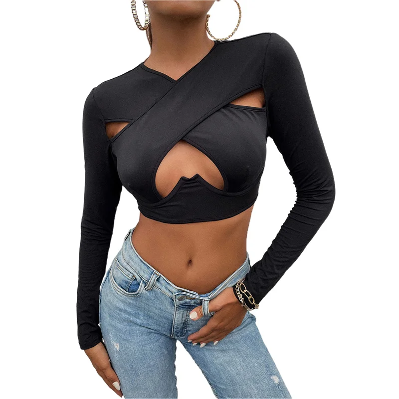 

Women Sexy Crop Tops Solid Color Long Sleeve V-neck Cutout Cross Pullover T-shirt Tops for Spring Autumn
