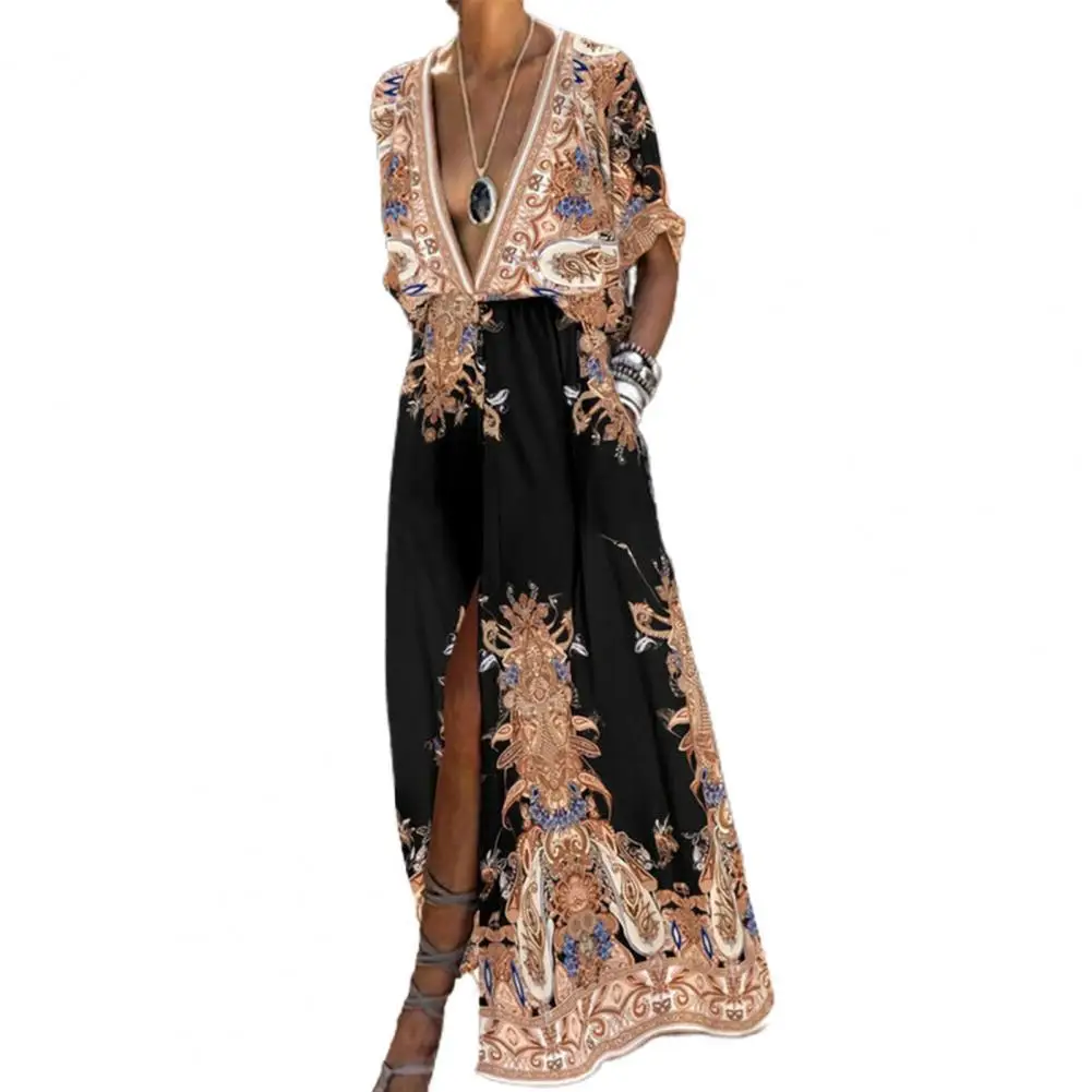 

2021 Women Dress Vintage Printed Split Large Hem Elegant Sundress Short Sleeve Deep V Neck Casual Female Dress Party Robe Femme