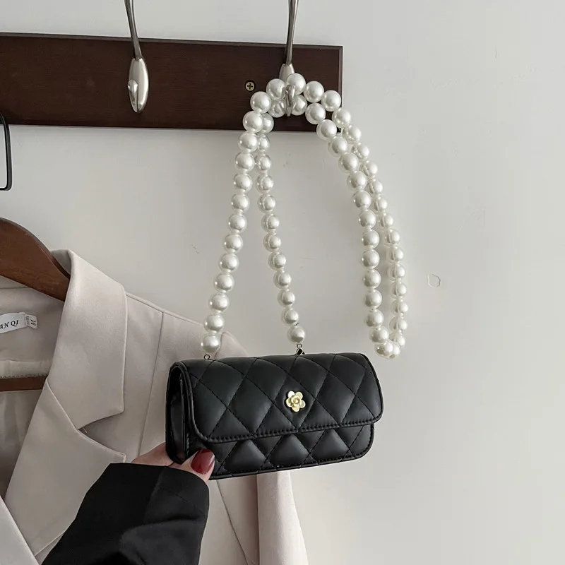 

Diamond Lattice Pearl Strap Shoulder Bags Women Solid Color PU Leather Small Square Crossbody Bag Ladies Handbags Messenger Bag