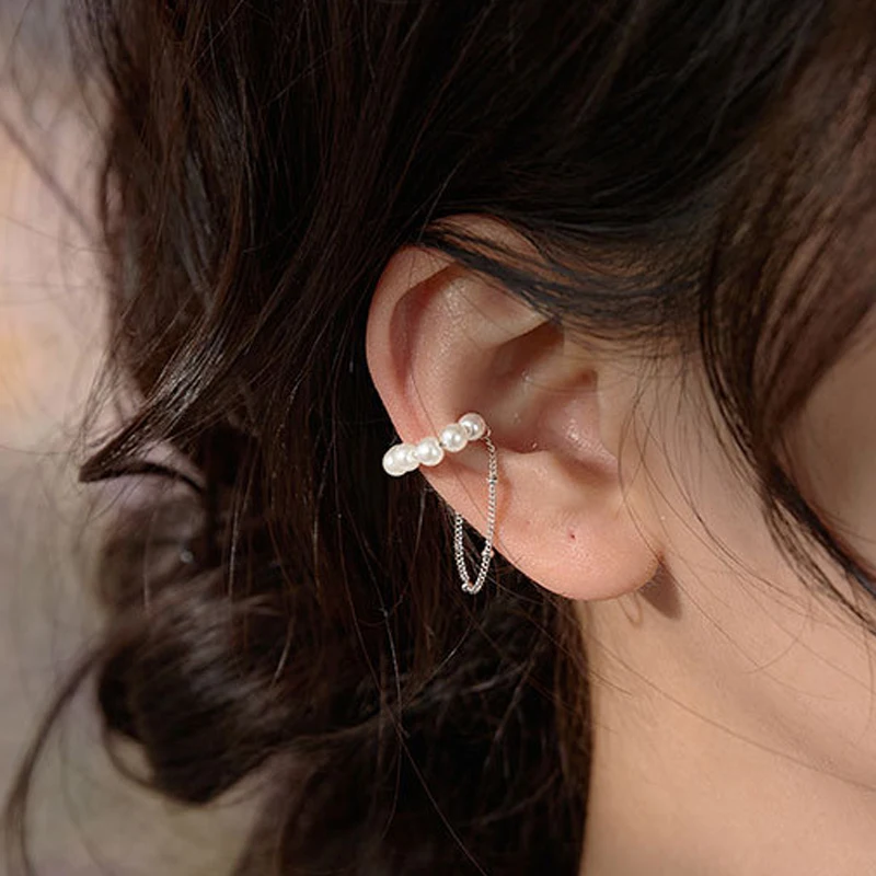 

925 Sterling Silver Non-pierced Pearl Tassel Ear Clip Female Sweet Short Ear Bone Clip Earrings Fake piercing earrings for women