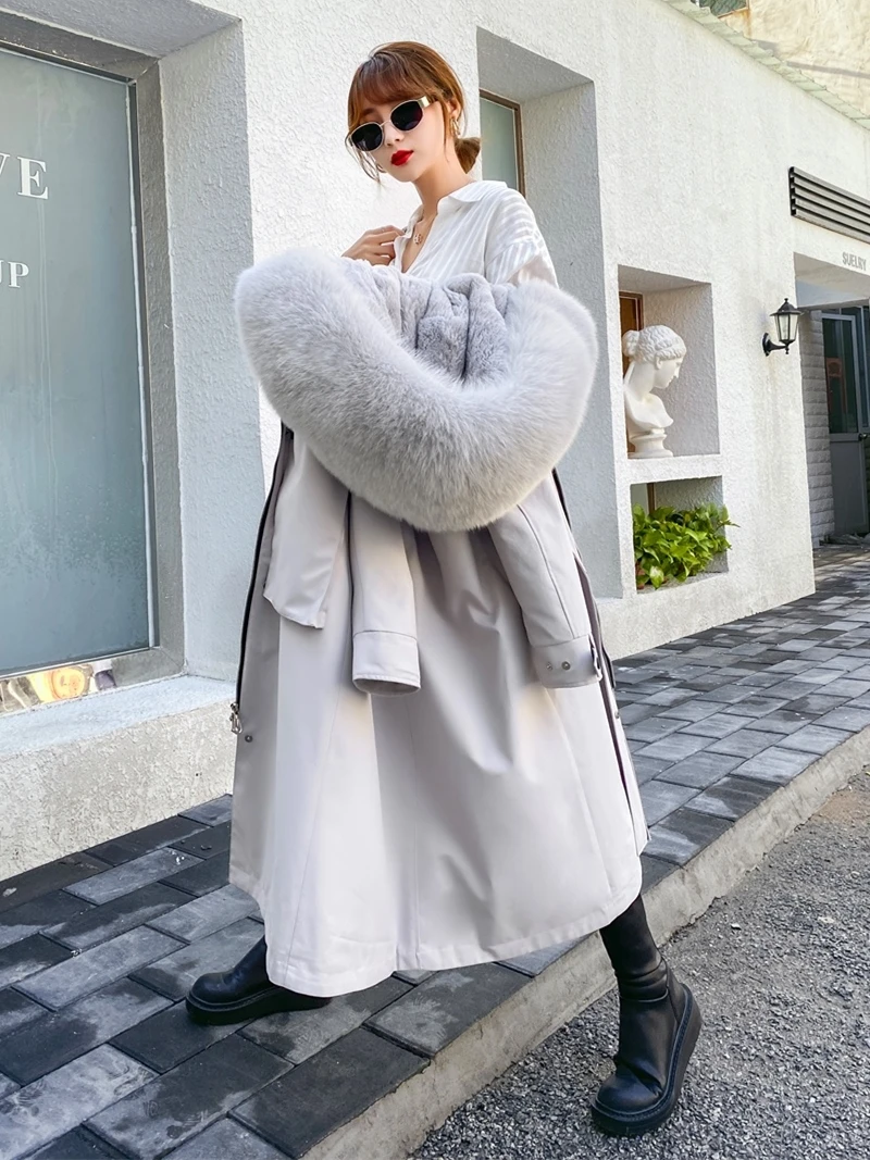 Fur Coat Women Winter Jacket Real Fur Parkas 2020 New Rabbit Fur Liner Detachable Long Over-the-knee Coat Thick Warm Streetwear