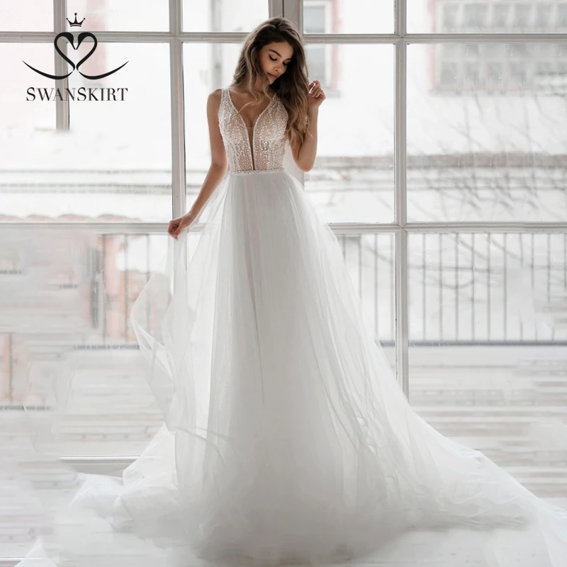 Сказочное свадебное платье из тюля с бусинами и юбкой Swanskirt NR11 шифоновое