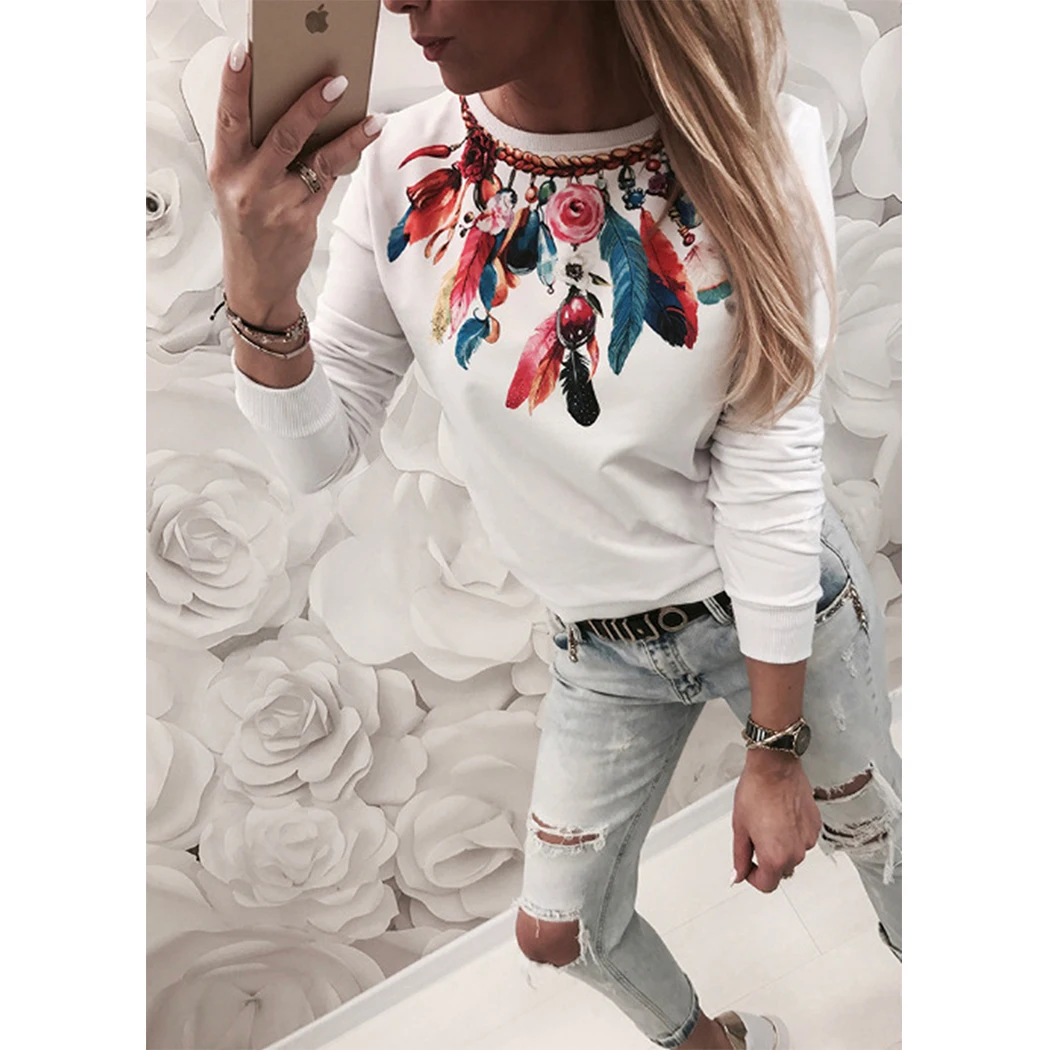 Женские белые футболки с принтом перьев Футболки женские круглым вырезом и