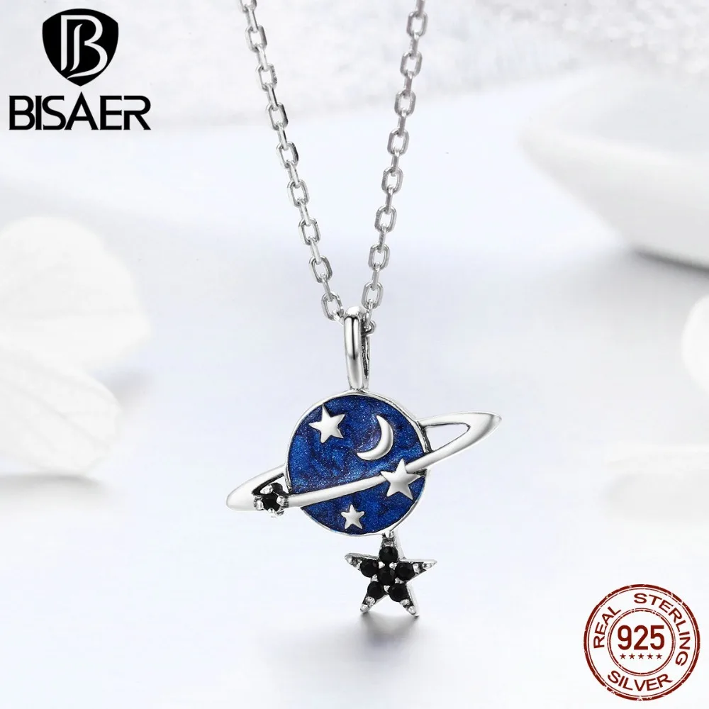 BISAER, Подлинная 925 пробы, серебряная, секретная планета, звезда, подвеска, цепочка, ожерелье для женщин, дизайнерский бренд, модное ювелирное изделие, GXN230