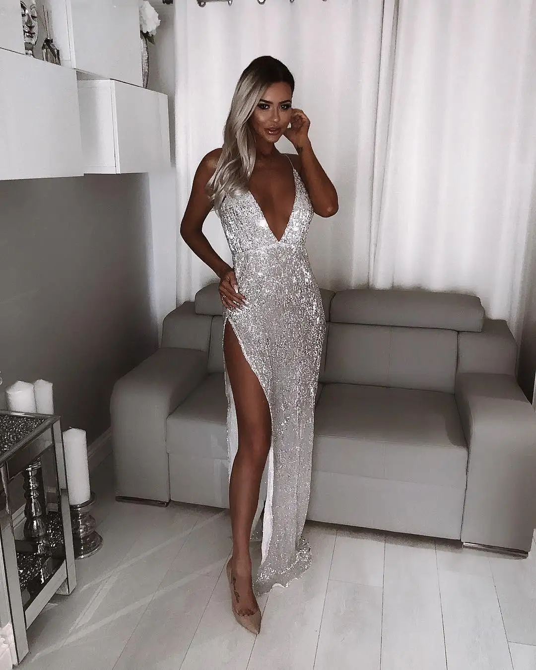 Блестящее сексуальное вечернее платье с блестками серебристое для клуба длинные