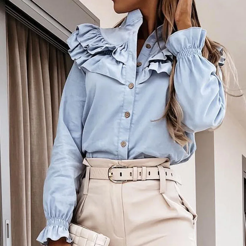 

Women Elegant Single Breasted Blouses Solid Shirts Spring Casual Pocket Ruffled Long Sleeves Tops Office Lady Stand Collar Blusa