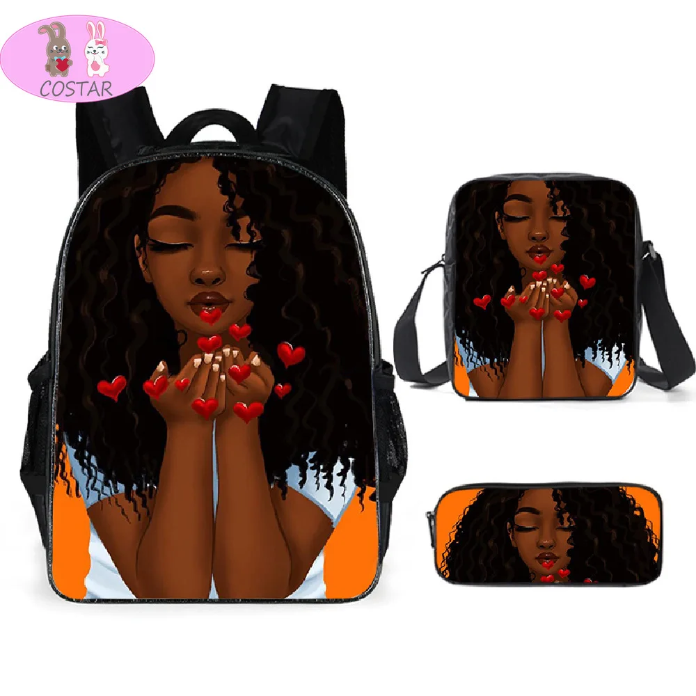 

COSTAR 3PCS Cute African girl Backpack Children School Bags Cartoon Black Girls Daypack Kids Kindergarten Bag Pink Bookbag