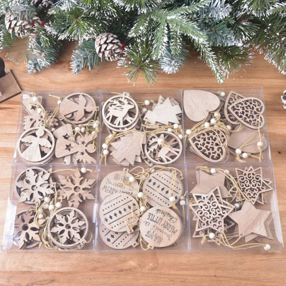 

12pcs Christmas Wooden Pendants Xmas Tree Hanging Ornaments DIY Wood Crafts Tree Ornaments Christmas Party Decorations Kids Gift