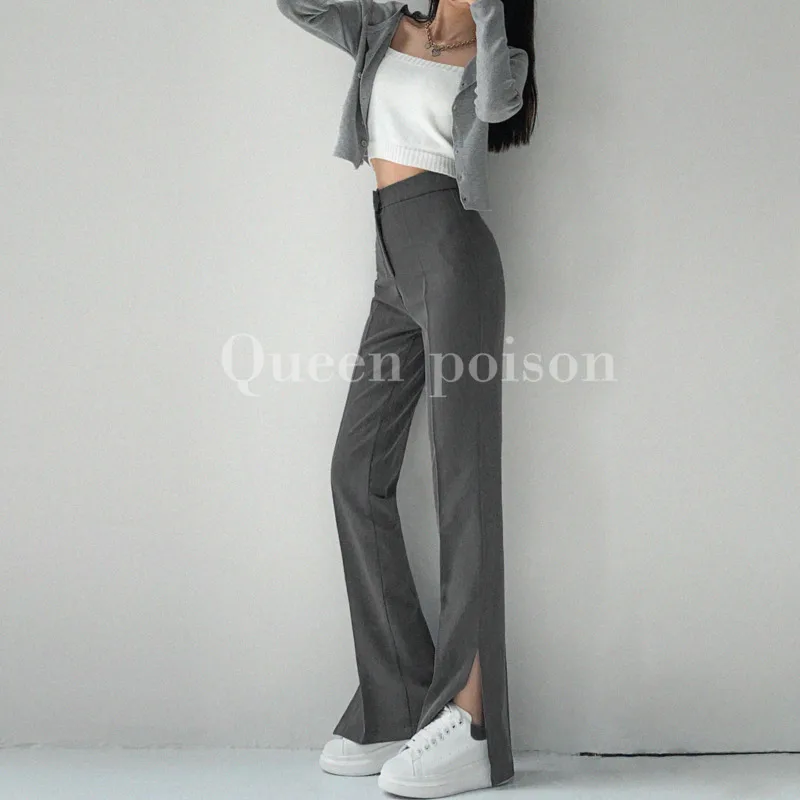 

Модные однотонные брюки womtecha Спайс для девочек, женские осенние свободные прямые напольные брюки с разрезом, повседневные брюки с высокой т...