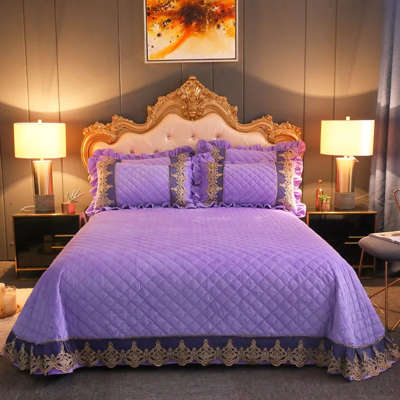Dark Gray Thicken Flannel Velvet Fleece Quilted Gold Lace Bedspread Pillowcases Bed Cover Sheet Mattress cover Bedding Set | Дом и сад