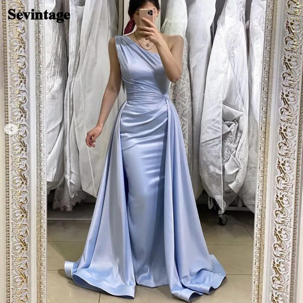 

Sevintage 2 Pieces Sky Blue Mermaid Evening Dress Long One Shoulder Satin Prom Dresses with Detachable Skirt Women Party Gowns