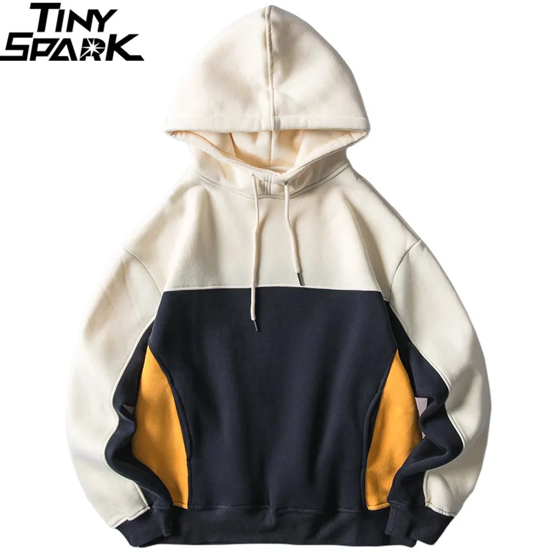 Мужская толстовка с капюшоном в стиле хип-хоп ретро, цветной блок, худи в стиле пэчворк, уличная одежда Harajuku, зимний флисовый пуловер с капюшоном, хипстер
