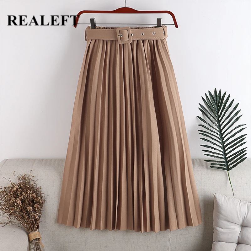 

REALEFT 2021 New High Waist Women's Pleated Skirts with Belted Spring Summer Minimalism Elegant Office Female Mi-long Skirt Saia