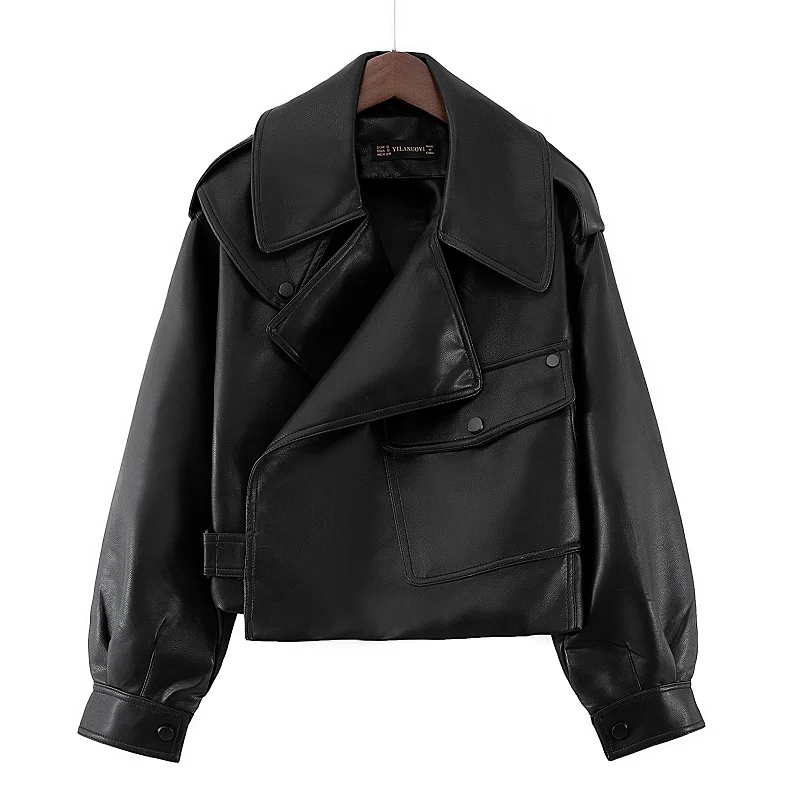 

2021 New Autumn Women Faux Leather Jacket PU Motorcycle Coat Turndown Collar Loose Streetwear Red and Black Punk Outerwear Y591