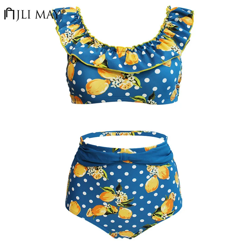 

JLI MAY Retro Print Dot Bikini Sets Women High Waisted Bowknot Sexy Backless Swimwear Ruffle Slim Wire Free Bathing Suits