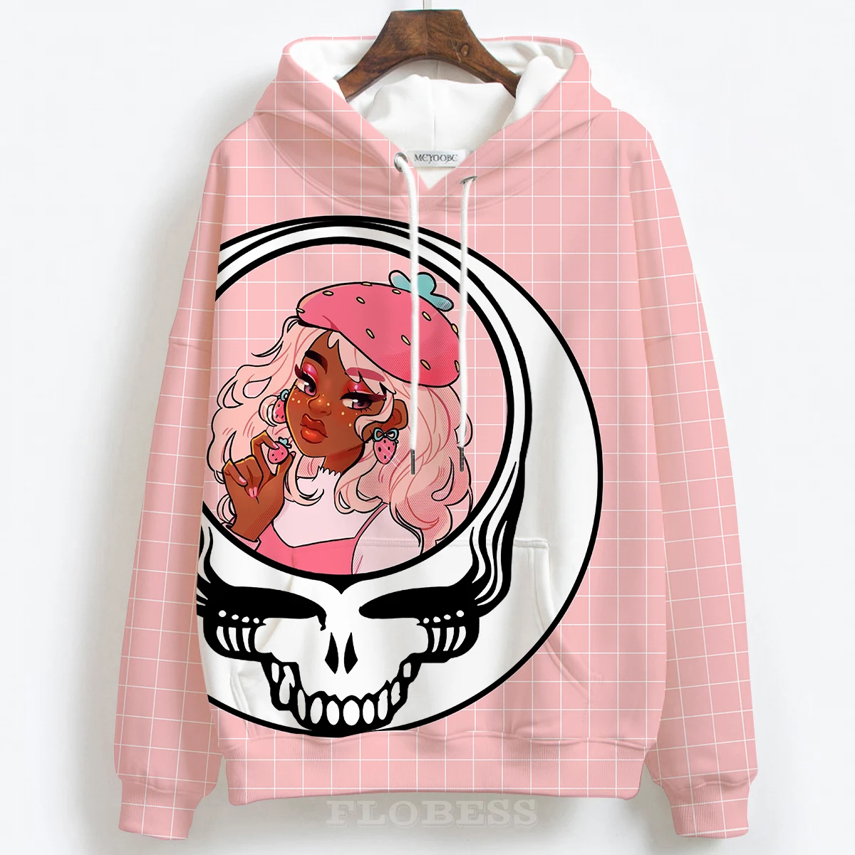 New 2022 Autumn Winter Custom Pink Plaid Black Girl And Skull Print Halloween Day Hoodies