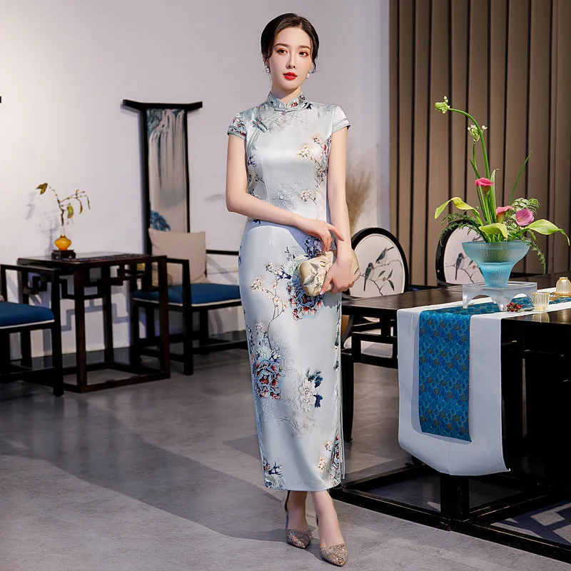 

Платье-Ципао атласное с коротким рукавом, пикантное приталенное элегантное китайское платье в восточном стиле, с цветочным принтом, в улучш...