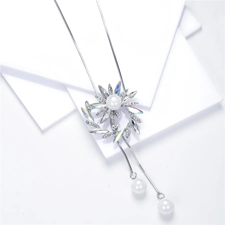 

Fashion Long Sweater Chain Necklaces & Pendants For Women Chic Blue Opal Rhinestone Flower Silver Color Necklace Female Jewelry