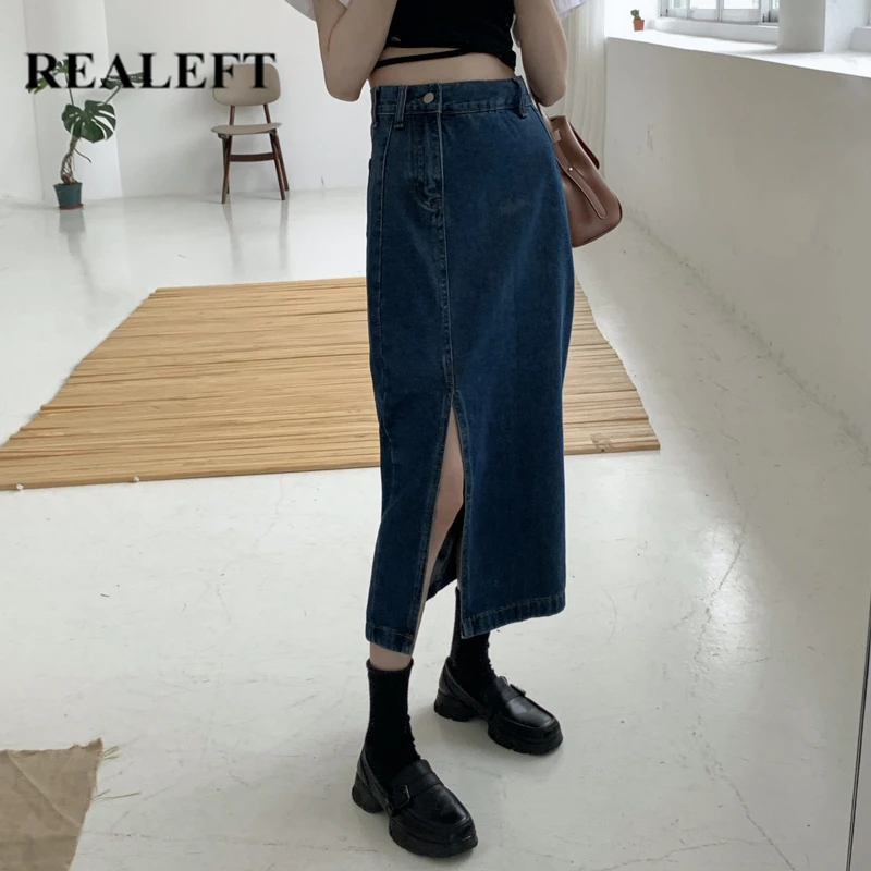 

REALEFT 2021 New Spring Summer Irregular Women Long Denim Skirts Vintage High Wasit Jeans Skirt Side Split A-line Skirts Female