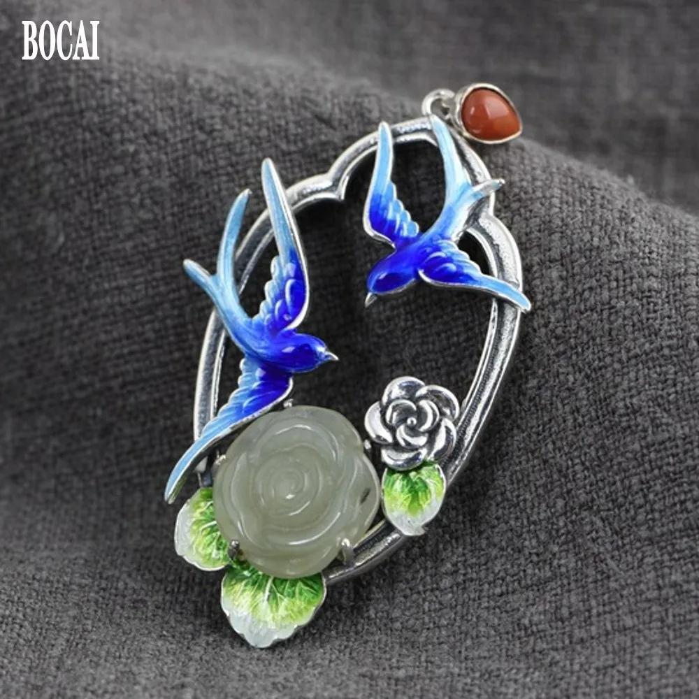 

BOCAI new real S925 pure silver jewelry vintage red agate/hetian jade peony woman pendant female cloisonne swallow pendant