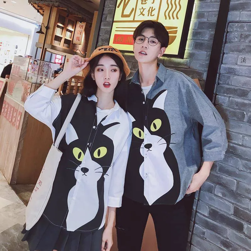 

2019 Cool Men's Spring Autumn Long Sleeve Male Shirt Cotton Cat Print Shirt Streetwear Casual Japanese Couple Shirts Men Women