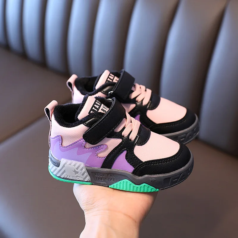 Детская зимняя обувь для мальчиков и девочек из флокированной кожи с меховой подкладкой-изоляцией, модные зимние ботинки с отделкой на щиколотке.