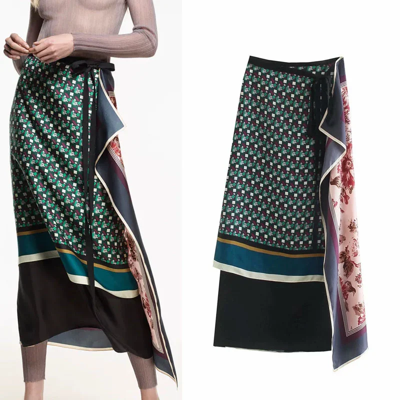 

2021 Summer Printed Pareo Skirts Woman Za Fashion High Waist Interior Button Skirt Chic Side Tied Closure Feminine Midi Skirt