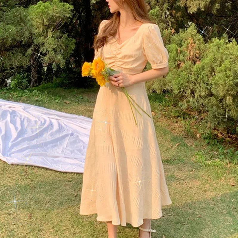 

Summer French Elegant Dresses Women Sweet Solid Backless Vintage Dresses Casual V-neck Short Sleeve Party Fairy Dress 2021 New