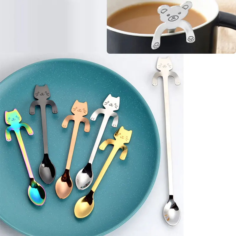 Mini Cute Coffee Spoon 304 Stainless Steel Cartoon Cat Spoon Teaspoon Dessert Snack Scoop Milk Children Spoons Tableware