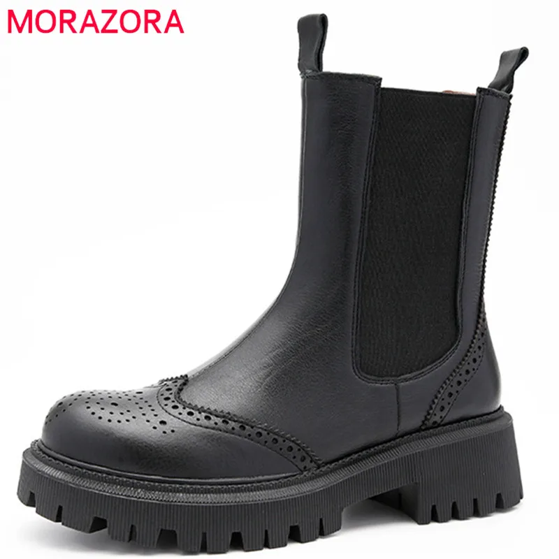 

Женские ковбойские ботинки челси MORAZORA, черные повседневные ботильоны из натуральной кожи на толстой подошве, без застежки, лето