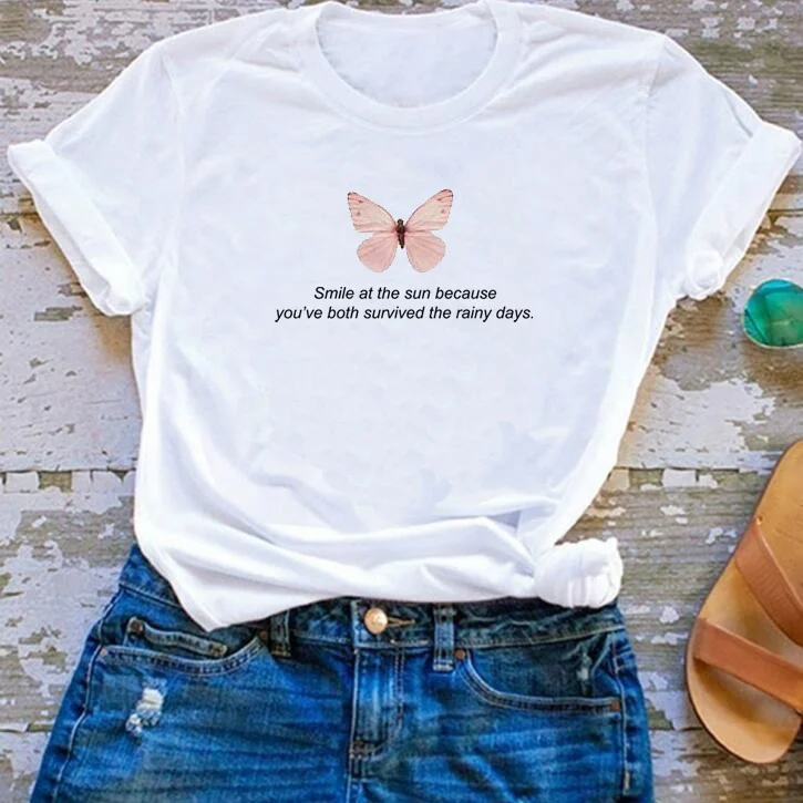 

VIP HJN Smile at the Sun Because You've Both Survived the Rainy Days Butterfly Graphic Top Summer Fashion Unisex Tshirt