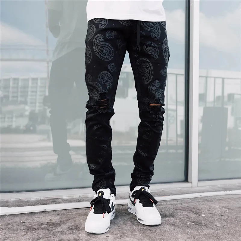 Men Luxury Printed Stretch Black Jeans Fashion Mens Slim Fit Ripped Cargo Jeans Pants Man Casual Denim Trousers Spodnie Jeansowe