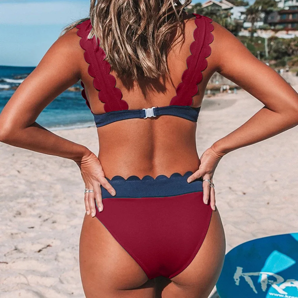 

Summer Women High Waist Sexy Bikinis Wavy Brim Swimwear Swimuit Female Retro Patchwork Ruffle Beachewear Set